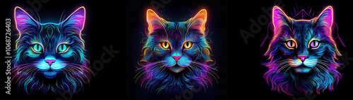 Three glowing cat heads with neon colors and black backgrounds.