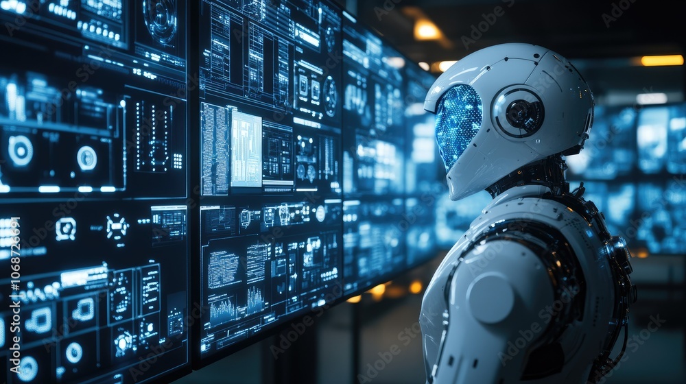 Futuristic Robot Analyzing Data on Multiple Screens Futuristic Robot Analyzing Data on Multiple Screens