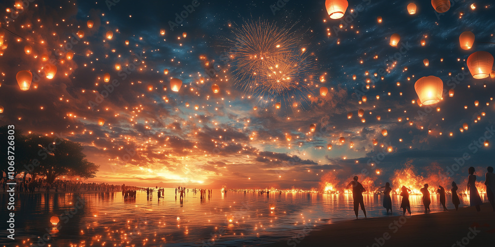 A New Year’s scene with fireworks filling the sky, against a background of glamorous decorations and glittering lights, watercolor, Generative AI A New Year’s scene with fireworks filling the sky, against a background of glamorous decorations and glittering lights, watercolor, Generative AI