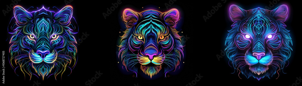 Fototapeta premium Three glowing tiger heads with intricate designs and vibrant colors against a black background.