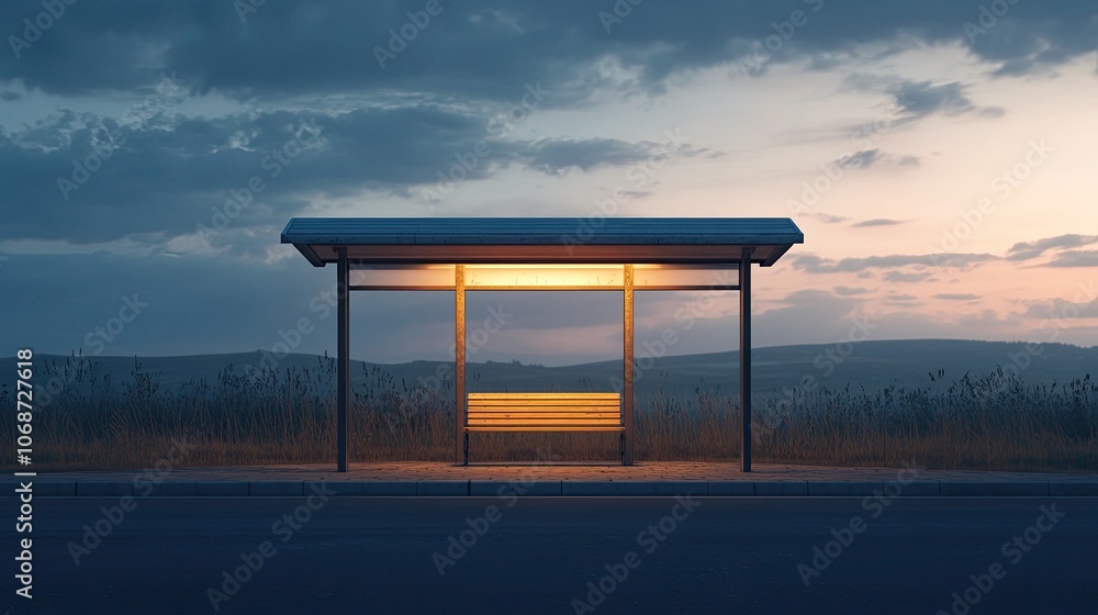 Tranquil Bus Stop at Dusk with Soft Lighting Tranquil Bus Stop at Dusk with Soft Lighting