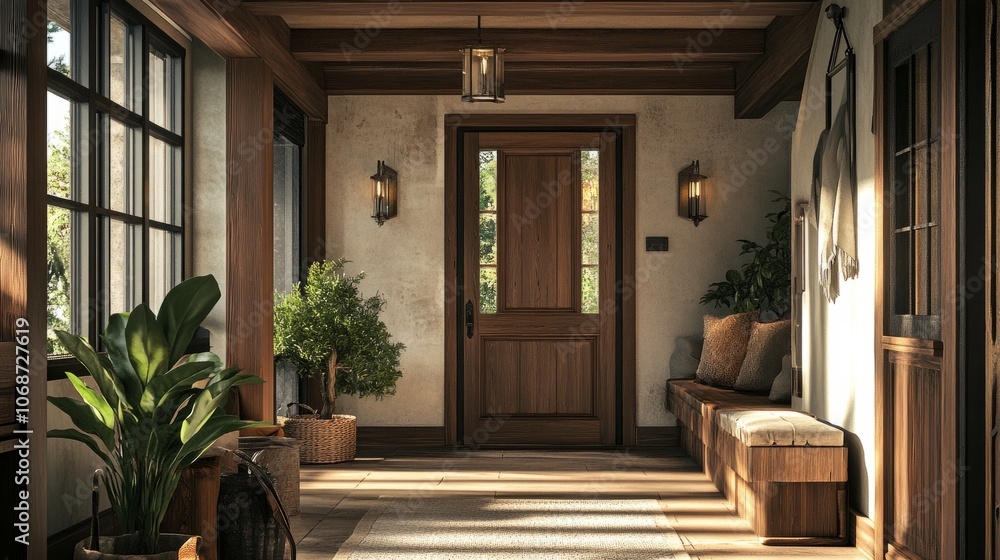 High-end rustic entryway with rich wood tones, timber beams, and a handcrafted wooden door, creating a welcoming, luxurious space High-end rustic entryway with rich wood tones, timber beams, and a handcrafted wooden door, creating a welcoming, luxurious space