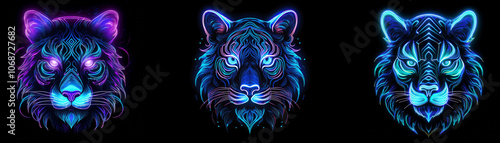 Three tiger heads with neon glow in blue and purple on a black background.