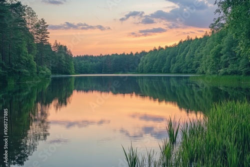 Serene lake surrounded by lush greenery, reflecting a brilliant orange and pink sky at twilight, creating a peaceful and idyllic scene in nature