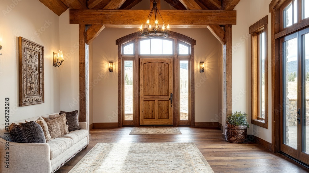 Luxurious modern rustic farmhouse entrance hall with a solid wood door, timber beams, and elegant lighting, creating a warm welcome - Luxurious modern rustic farmhouse entrance hall with a solid wood door, timber beams, and elegant lighting, creating a warm welcome -