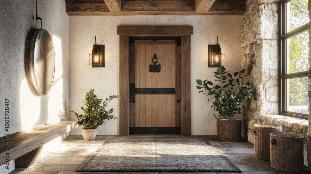 Luxurious modern rustic farmhouse entrance hall with a solid wood door, timber beams, and elegant lighting, creating a warm welcome - Luxurious modern rustic farmhouse entrance hall with a solid wood door, timber beams, and elegant lighting, creating a warm welcome -