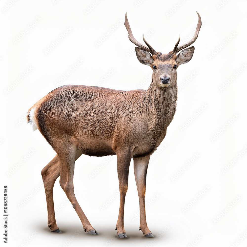 Fototapeta premium biche, cerf, animal, faune, faon, mammifère, nature, sauvage, , brun, gazon, cabrer, isolé, jeune, bébé, blanc, fond blanc, debout, chevreuil, vert, bois, extérieur