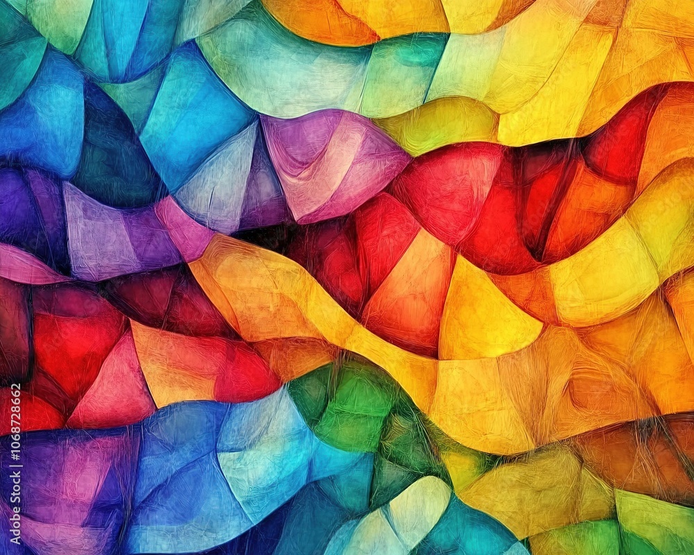 Vibrant stained glass pattern with colorful abstract shapes. Vibrant stained glass pattern with colorful abstract shapes.