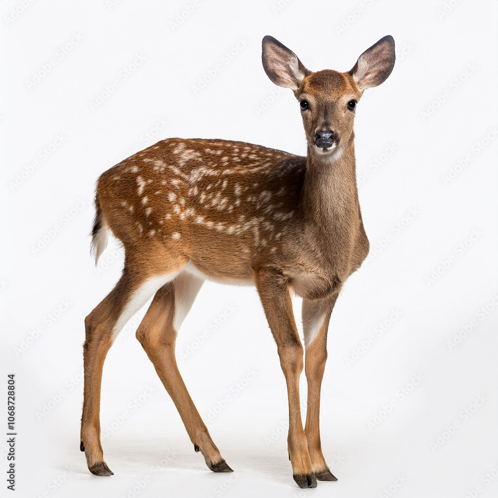 Fototapeta premium biche, cerf, animal, faune, faon, mammifère, nature, sauvage, , brun, gazon, cabrer, isolé, jeune, bébé, blanc, fond blanc, debout, chevreuil, vert, bois, extérieur