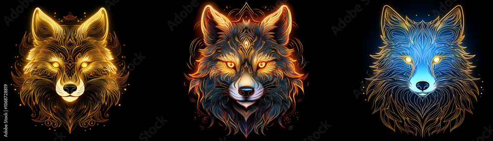 Three wolf heads are displayed with different colored glowing fur. Three wolf heads are displayed with different colored glowing fur.