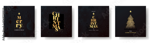 Merry Christmas and Happy New Year greeting card or banner for  social media. Set of Luxury Xmas modern design with gold typography, balls, snowflakes, Christmas tree and gliter on black background.
