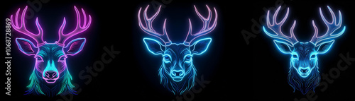 Three neon deer heads with antlers in different colors against a black background.