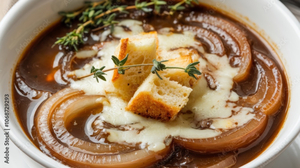 French onion soup with sprigs of fresh thyme. The soup is sprinkled with melted cheese and croutons. French onion soup with sprigs of fresh thyme. The soup is sprinkled with melted cheese and croutons.