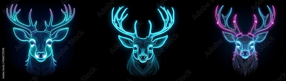 Fototapeta premium Three neon deer heads with antlers against a dark background.