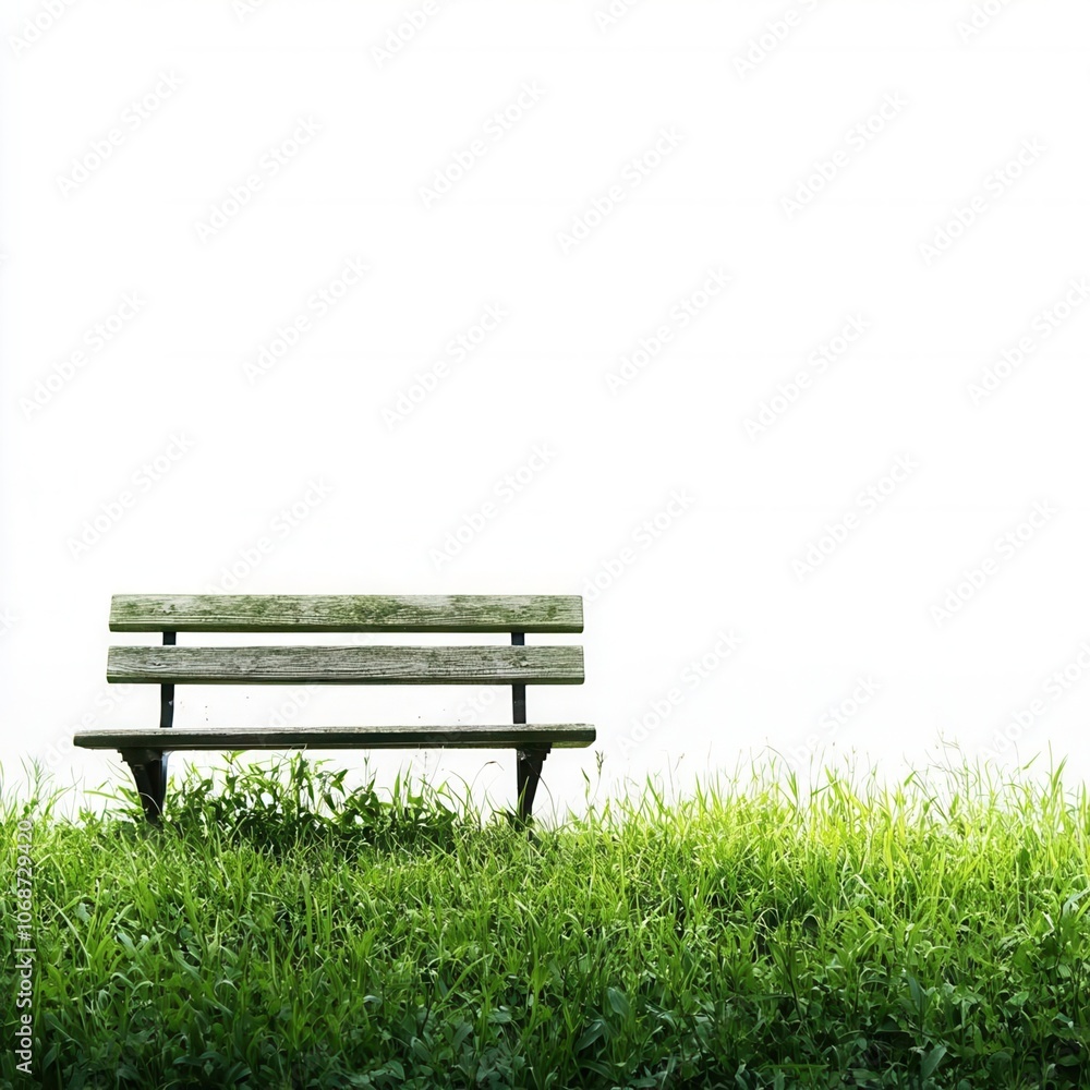 Wide shot of a park bench, isolated on solid white background, outdoor relaxation Wide shot of a park bench, isolated on solid white background, outdoor relaxation