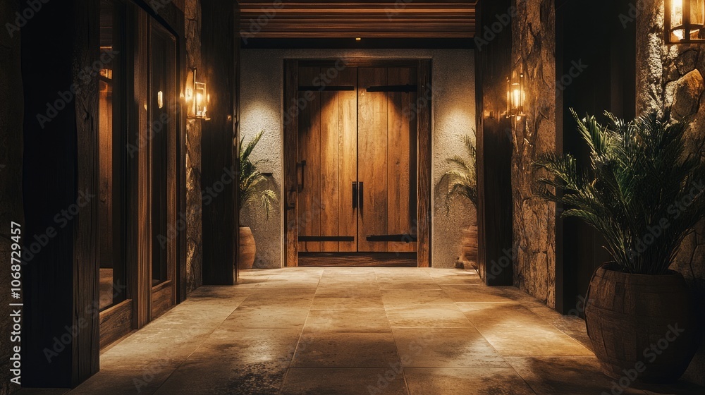 Modern rustic hallway with natural timber accents, warm lighting, and a large wood door, blending luxury with farmhouse charm Modern rustic hallway with natural timber accents, warm lighting, and a large wood door, blending luxury with farmhouse charm