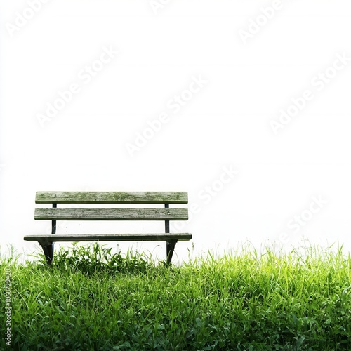 Wide shot of a park bench, isolated on solid white background, outdoor relaxation