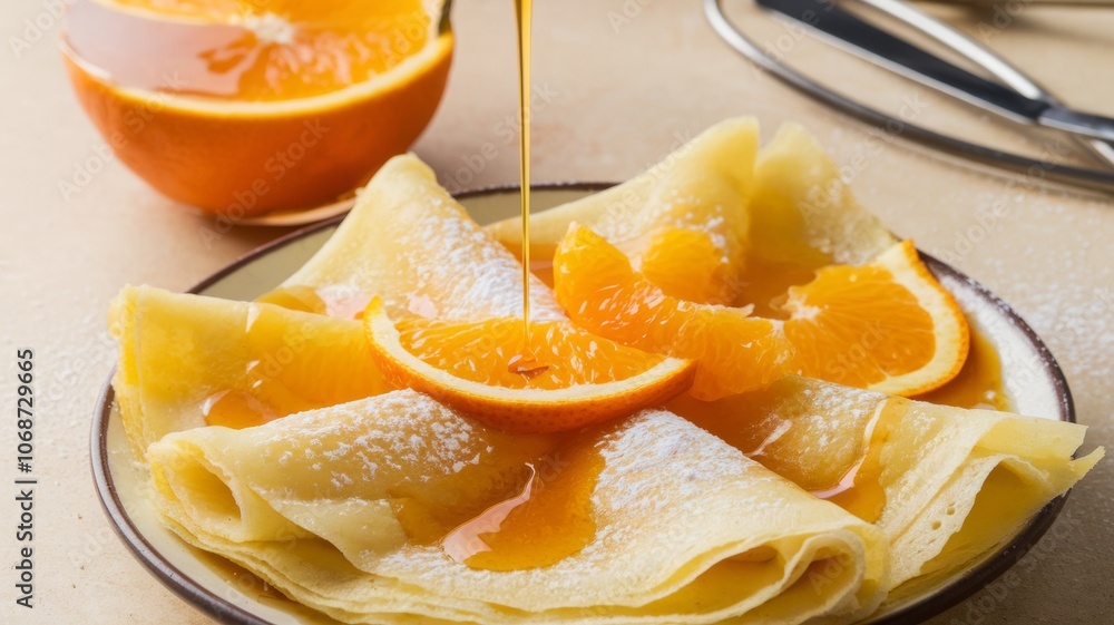 French dessert Suzette pancakes with delicate spicy orange syrup, creating the perfect combination of sweet and citrus flavor. French dessert Suzette pancakes with delicate spicy orange syrup, creating the perfect combination of sweet and citrus flavor.