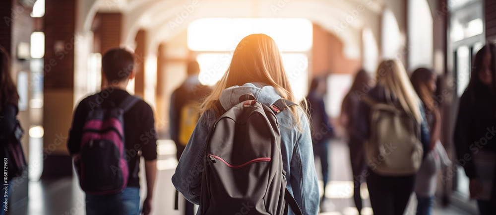 Fototapeta premium Students Walking in a Bright School Hallway with Backpacks