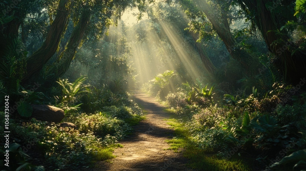 Obraz premium Serene Forest Path with Sunlight Rays