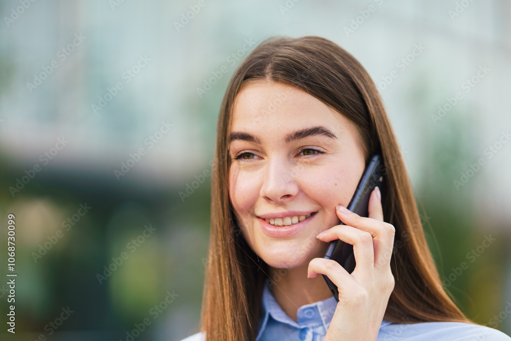 Young Woman Smiling While Talking on Her Mobile Phone in an Urban Outdoor Setting During Daylight Young Woman Smiling While Talking on Her Mobile Phone in an Urban Outdoor Setting During Daylight