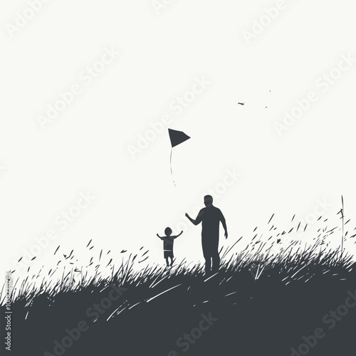 silhouette of a father and child flying a kite in a field with a clear sky