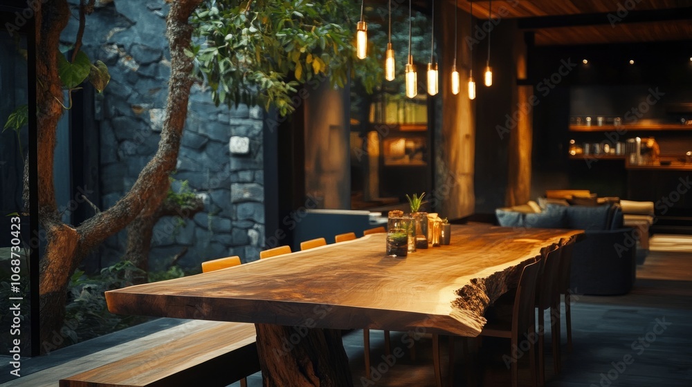 Rustic live-edge dining table with rich wood grain, placed in a cozy dining space with natural decor elements and soft lighting Rustic live-edge dining table with rich wood grain, placed in a cozy dining space with natural decor elements and soft lighting