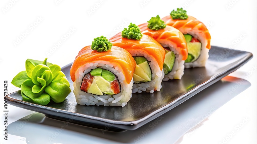 Long exposure salmon uramaki, elegant on a dark plate. Long exposure salmon uramaki, elegant on a dark plate.