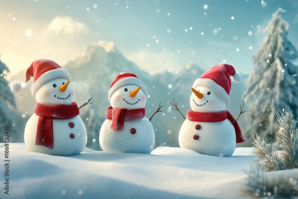 Fototapeta premium merry christmas greeting text with snowman characters in winter wonderful land background