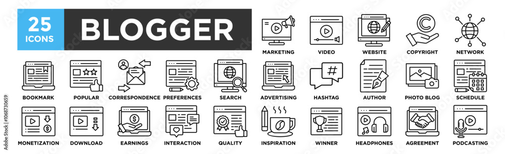 Blogger icon collection set. Containing design online, internet, vlog, woman, lifestyle Blogger icon collection set. Containing design online, internet, vlog, woman, lifestyle