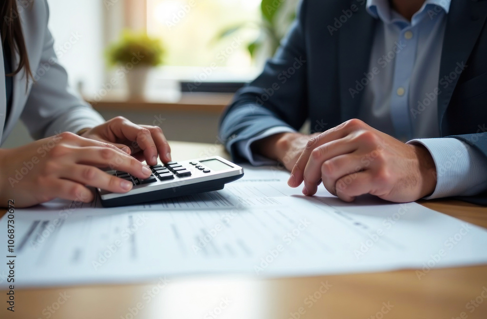 A pair of professionals analyze financial documents together while using a calculator in a workspace A pair of professionals analyze financial documents together while using a calculator in a workspace