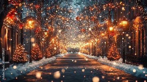 Christmas lights illuminating a snowy street, festive feel, 3D illustration photo