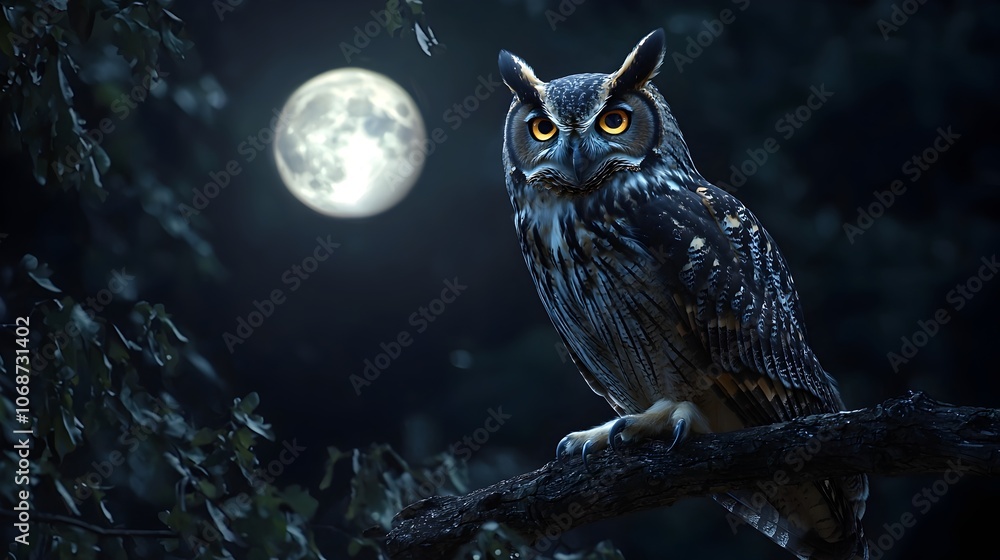 Wise Owl Under Moonlight Gazing with Mysterious Golden Eyes Wise Owl Under Moonlight Gazing with Mysterious Golden Eyes