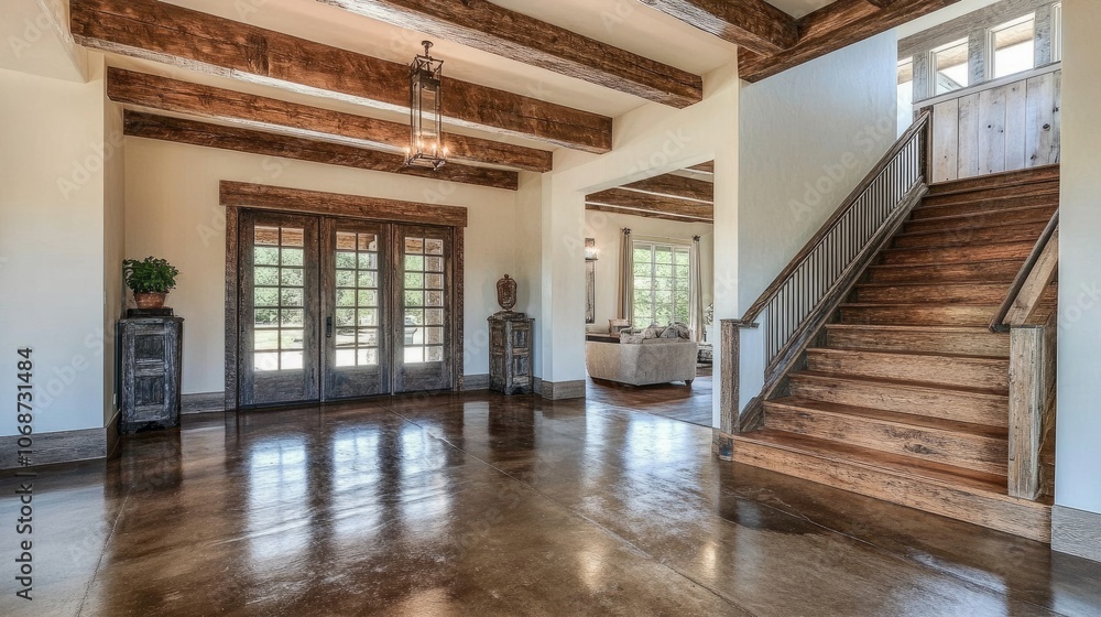 Naklejka premium Spacious farmhouse entrance hall with exposed wooden beams, sleek flooring, and a grand rustic door, highlighting modern elegance