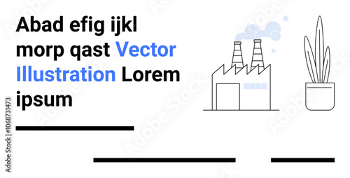 Factory with smoke stacks emitting blue smoke, potted plant, and placeholder text. Ideal for industrial, technology, environmental, editorial, websites, infographics, presentations. Landing page