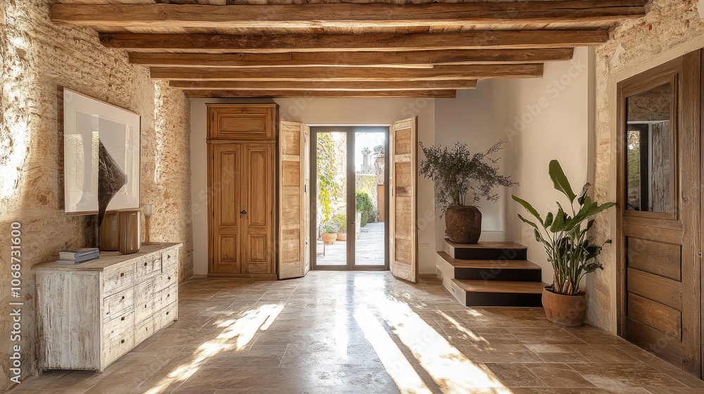 Spacious farmhouse entrance hall with exposed wooden beams, sleek flooring, and a grand rustic door, highlighting modern elegance Spacious farmhouse entrance hall with exposed wooden beams, sleek flooring, and a grand rustic door, highlighting modern elegance