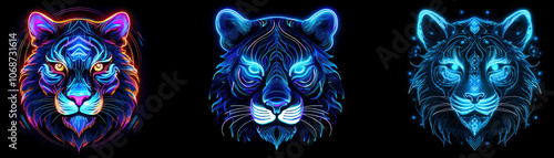 Three tiger heads are depicted in a colorful neon style. The dark background highlights the vibrant blues and purples.