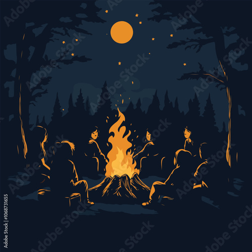 Silhouette of a group of friends around a campfire under a starry sky