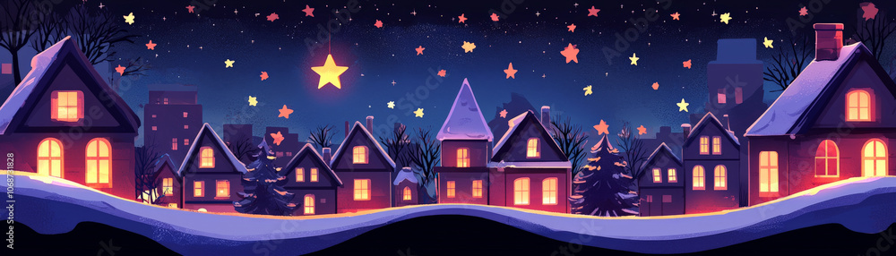 Fototapeta premium cozy winter night scene with illuminated houses, snow, and stars. cityscape features charming architecture and festive decorations, creating warm holiday atmosphere