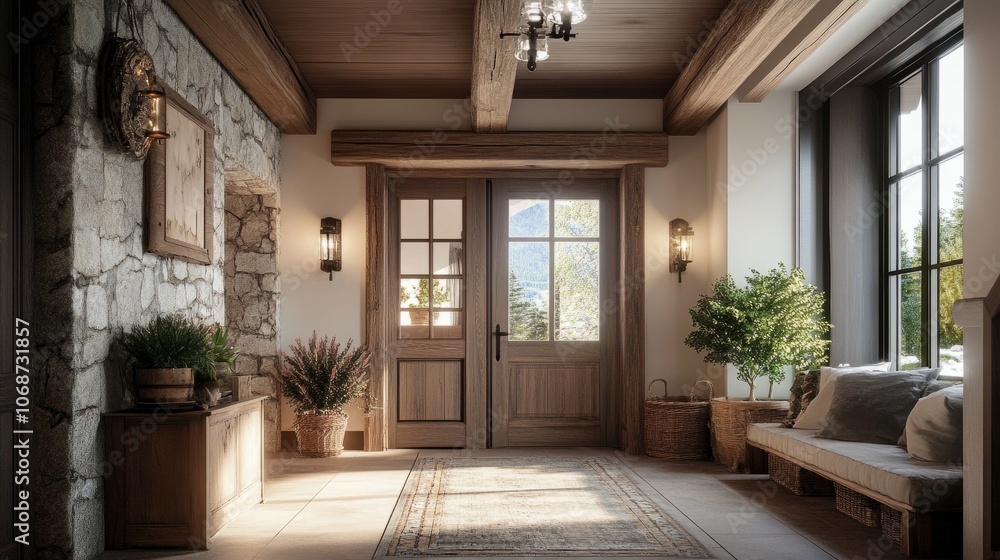 Stylish rustic entrance hall with exposed timber beams, a large wooden door, and natural stone accents, blending farmhouse charm with luxury Stylish rustic entrance hall with exposed timber beams, a large wooden door, and natural stone accents, blending farmhouse charm with luxury