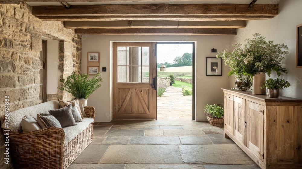 Stylish rustic entrance hall with exposed timber beams, a large wooden door, and natural stone accents, blending farmhouse charm with luxury Stylish rustic entrance hall with exposed timber beams, a large wooden door, and natural stone accents, blending farmhouse charm with luxury
