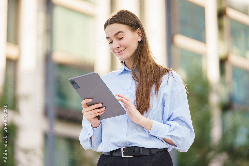 Young Woman in a Blue Shirt Using a Tablet Outdoors in an Urban Setting During Daylight Hours Young Woman in a Blue Shirt Using a Tablet Outdoors in an Urban Setting During Daylight Hours