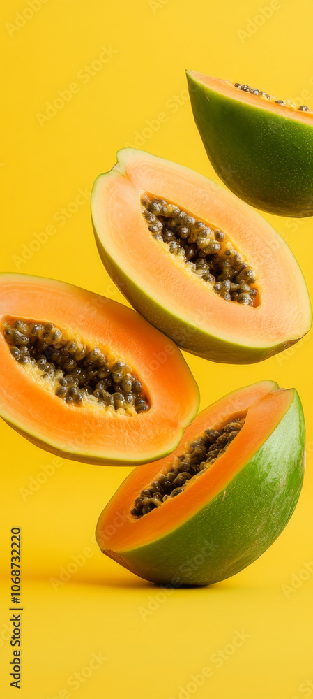 pieces of papayas fruit isolated on yellow background. ai generated pieces of papayas fruit isolated on yellow background. ai generated