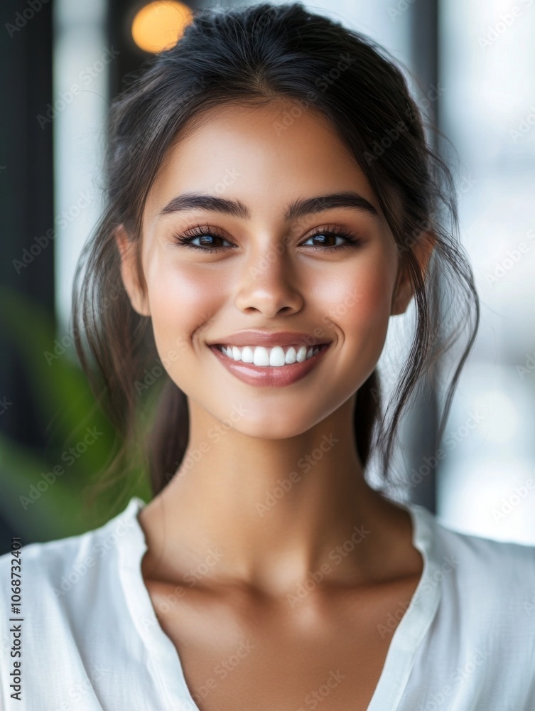 Portrait of a Young business Woman with Soft Natural Makeup, Smiling Against a lightly blurry Glassdoor Background Portrait of a Young business Woman with Soft Natural Makeup, Smiling Against a lightly blurry Glassdoor Background