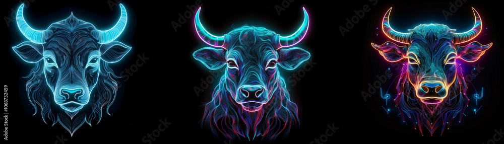 Three neon bull heads are depicted on a black background. Three neon bull heads are depicted on a black background.