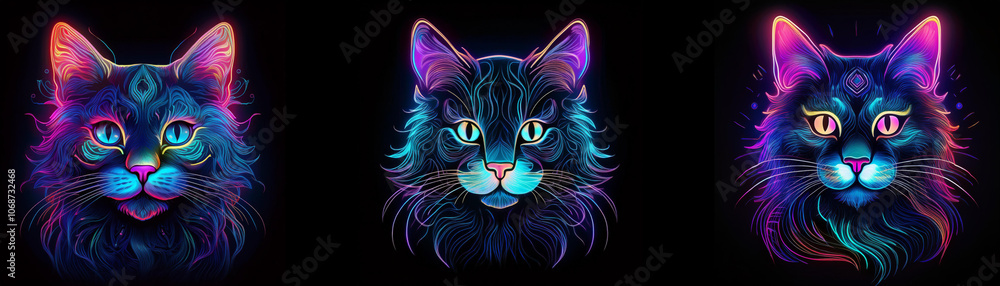 Three cats with glowing fur are shown in front of a black background. The cats have different colors of glowing fur. Three cats with glowing fur are shown in front of a black background. The cats have different colors of glowing fur.