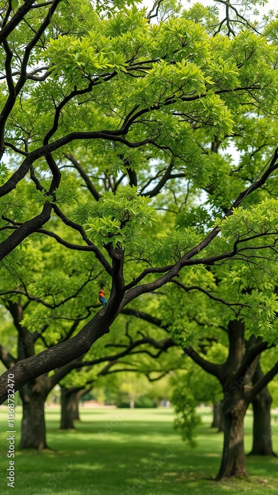 Lush green oak trees stretching across a serene background with a colorful bird perched on a branch, beauty Lush green oak trees stretching across a serene background with a colorful bird perched on a branch, beauty