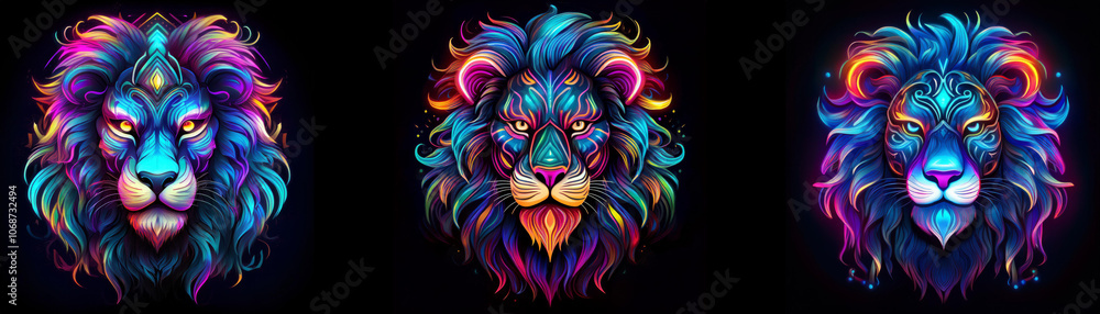 Three lion heads with neon colors and intricate patterns. Three lion heads with neon colors and intricate patterns.
