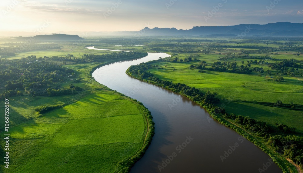 Aerial view of a winding river surrounded by lush green fields and mountains in the background, showcasing serene natural beauty. Aerial view of a winding river surrounded by lush green fields and mountains in the background, showcasing serene natural beauty.