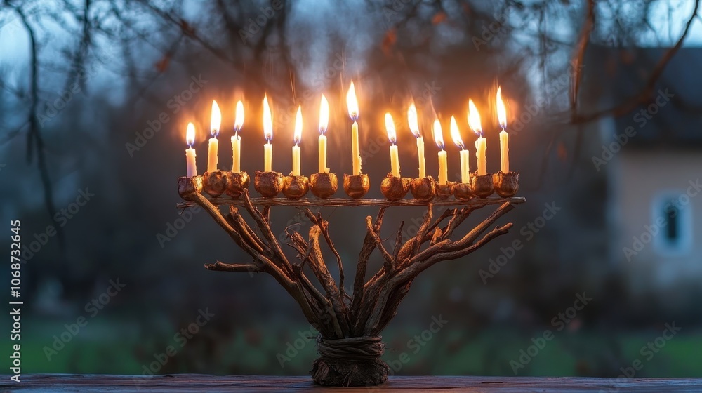 Fototapeta premium Rustic Menorah Crafted from Natural Branches